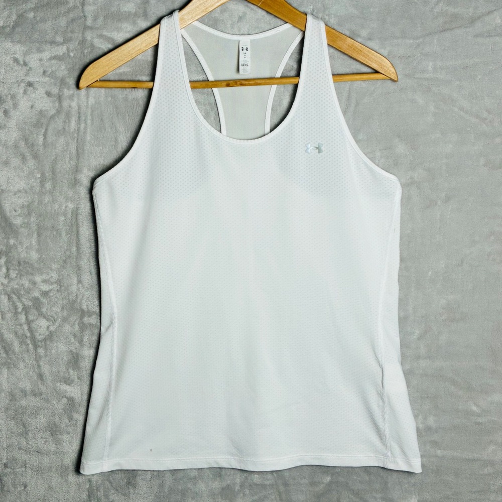 Under Armour Womens White HeatGear Fitted Racerback Mesh Tank Top LG -0215